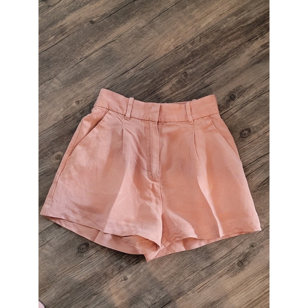 H&M Linen Blend High Waisted Pleated Shorts Peach Terracotta Pink Size 2
